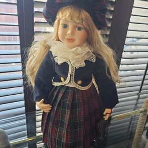 Plaid Dress Porcelain Doll with Blue Outfit